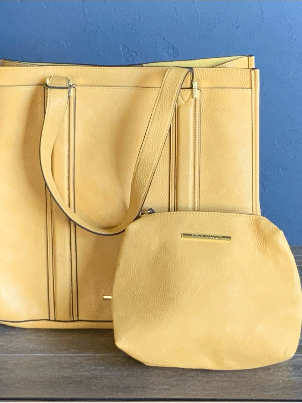 Steve Madden Yellow Pebbled Leather Tote Bag w/Cosmetic Bag Oversized (14x14x5)